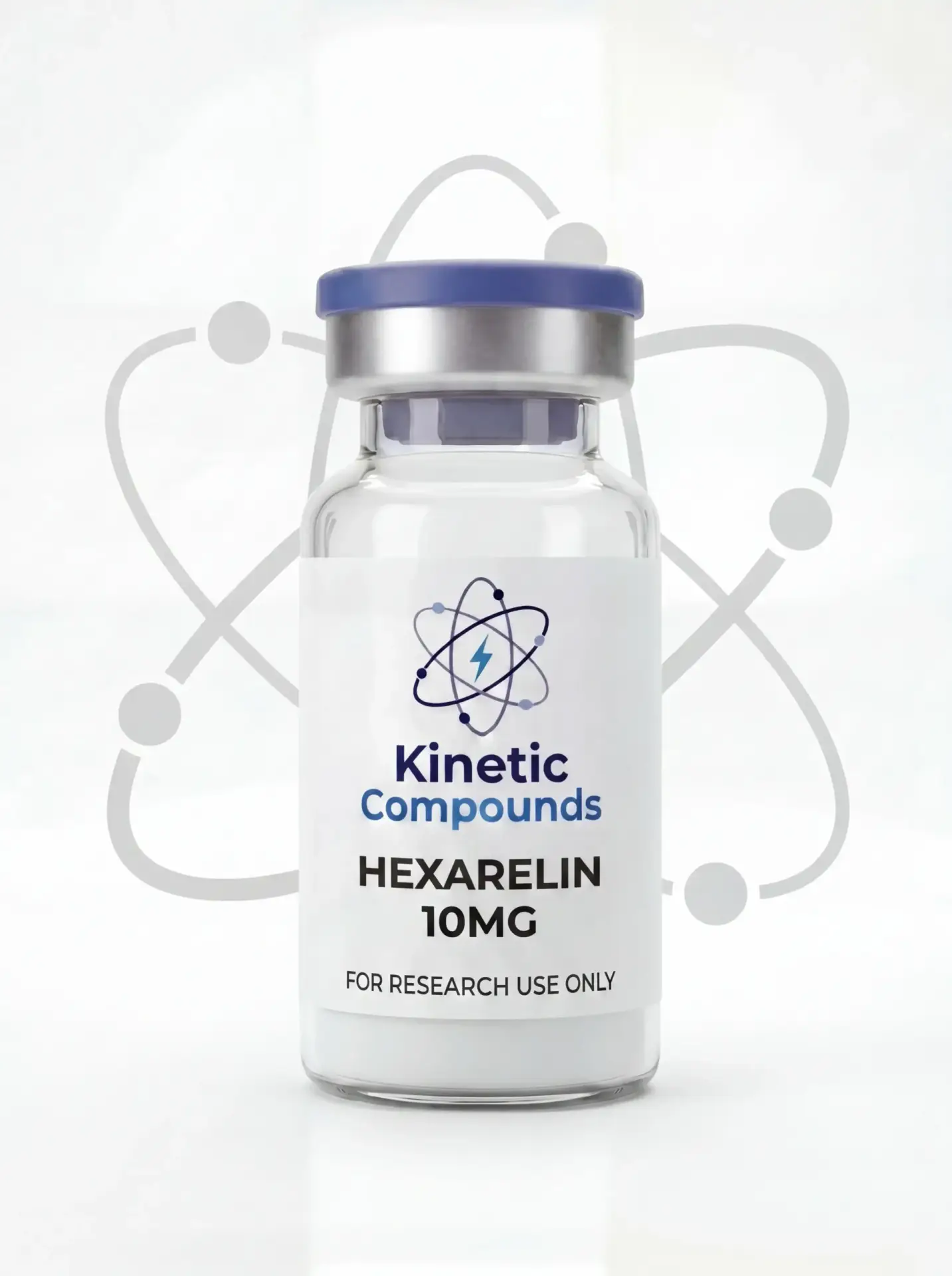 Hexarelin 10mg — Kinetic Compounds Kinetic Compounds Hexarelin 10mg lyophilized research peptide vial label